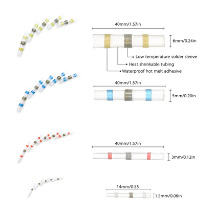 Waterproof solder wire connectors in various sizes for secure, durable electrical wiring repairs