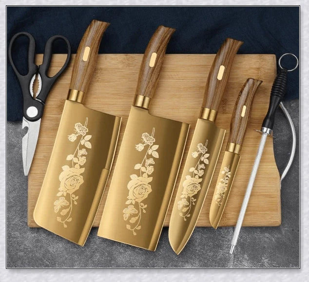 Titangold Designer Titanium Kitchen Knife Set with premium stainless steel blades, titanium coating, and ergonomic handles