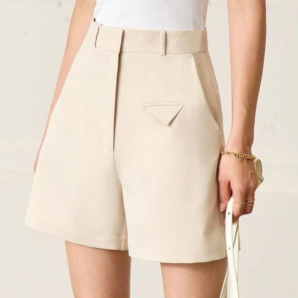 Casual Straight Shorts in Black and Apricot, featuring a premium twill fabric blend and unique three-dimensional decoration