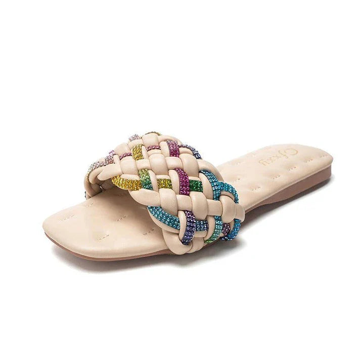 Stylish square head flat sandals with colorful diamond embroidery and a comfortable rubber sole