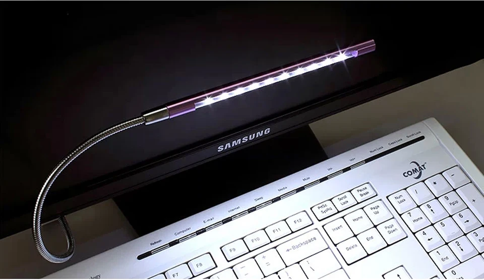 A 10 LED USB computer light with a flexible metal neck, providing bright and adjustable lighting for a Kiwi workspace