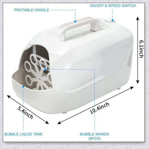 A white bubble machine blower with durable construction, perfect for birthday parties, weddings, and summer fun