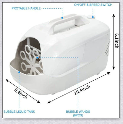 A white bubble machine blower with durable construction, perfect for birthday parties, weddings, and summer fun