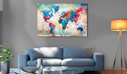 Vibrant world map canvas art with abstract, colorful design in various sizes