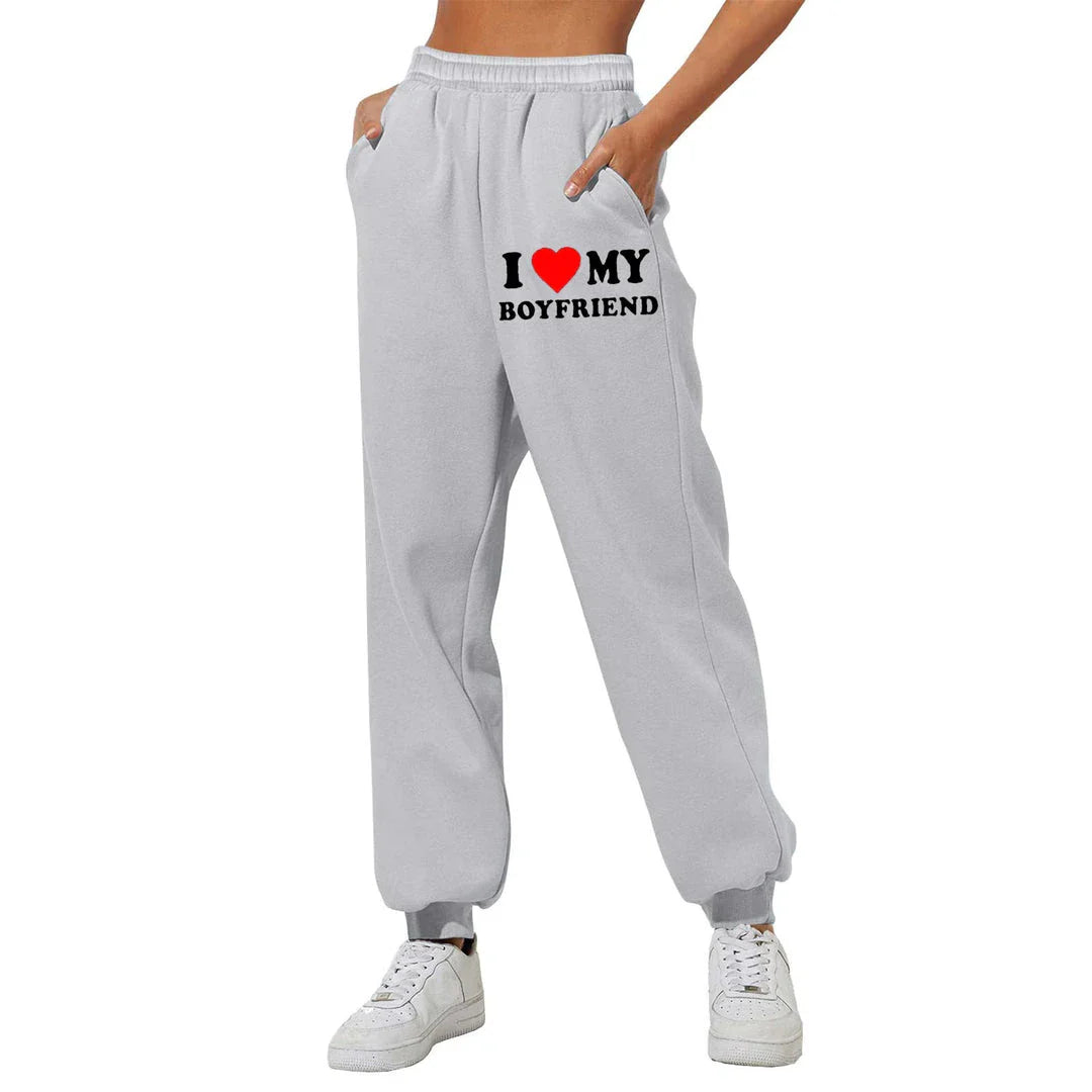 Trendha 'I Love My Boyfriend' Printed Trousers - Comfortable, Stylish Sweatpants for Kiwi Couples