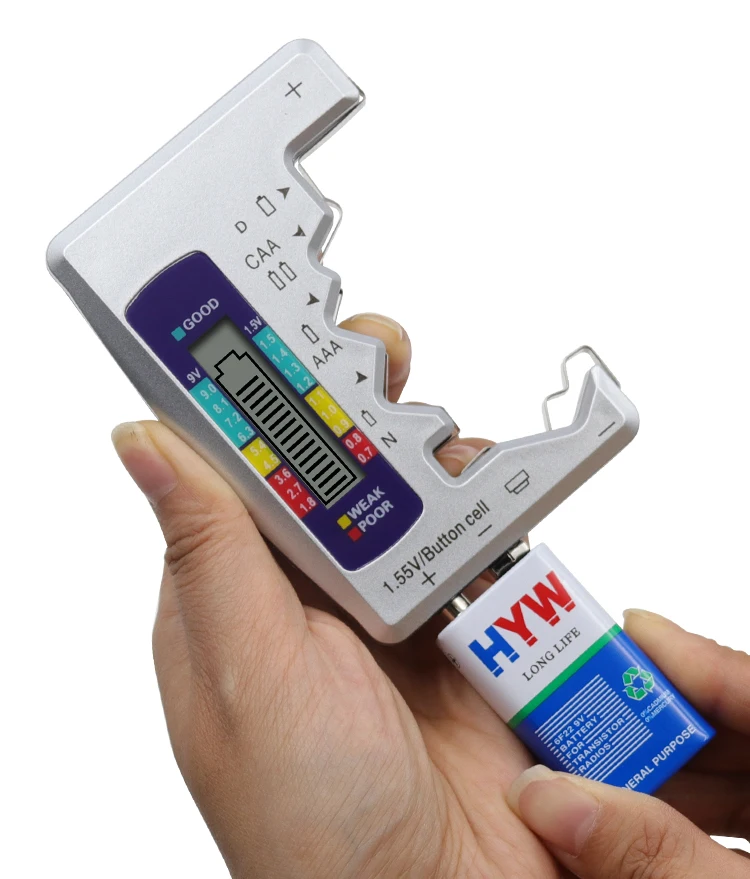 Versatile Digital Battery Tester with LCD display and tricolor meter for quickly assessing battery power levels