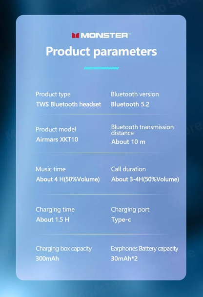 Monster Wireless Bluetooth 5.2 Earphones with Noise Cancelling, Waterproof, and Innovative Charging Chamber