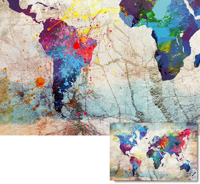 Vibrant world map canvas art with abstract, colorful design in various sizes