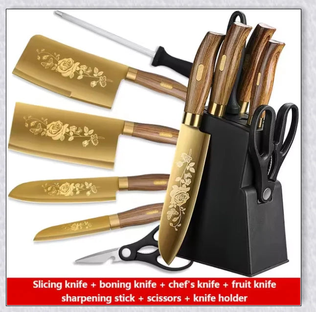 Titangold Designer Titanium Kitchen Knife Set with premium stainless steel blades, titanium coating, and ergonomic handles