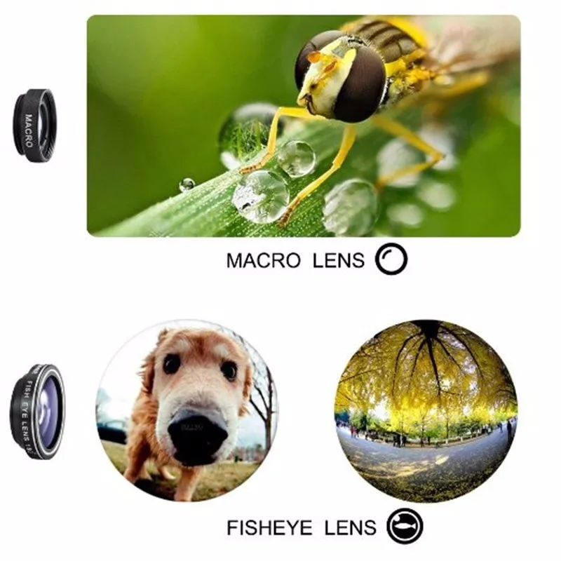 Three-in-one mobile phone lens kit with fish-eye, macro, and wide-angle lenses for professional-quality photography on the go