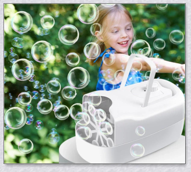 A white bubble machine blower with durable construction, perfect for birthday parties, weddings, and summer fun