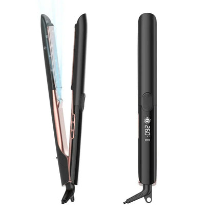 A professional 2-in-1 hair styling tool with straightening and curling capabilities, tourmaline ceramic plates, and vibration function for smooth, frizz-free results.