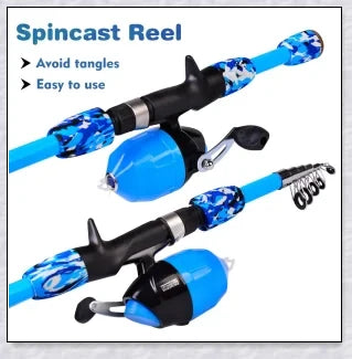 A high-quality fishing pole kit designed for kids, featuring a telescopic rod, spincast reel, and essential fishing accessories for outdoor adventures.