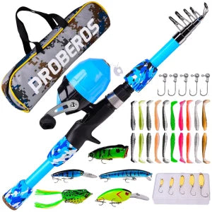 A high-quality fishing pole kit designed for kids, featuring a telescopic rod, spincast reel, and essential fishing accessories for outdoor adventures.