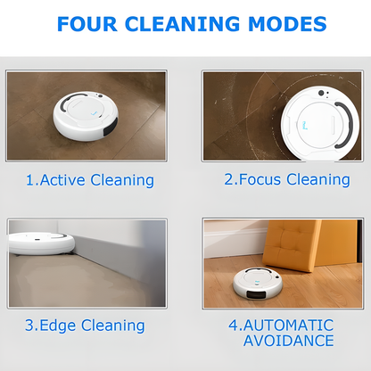 A white, gray, and black 3-in-1 smart robotic floor cleaner that sweeps, vacuums, and mops for a hands-free clean