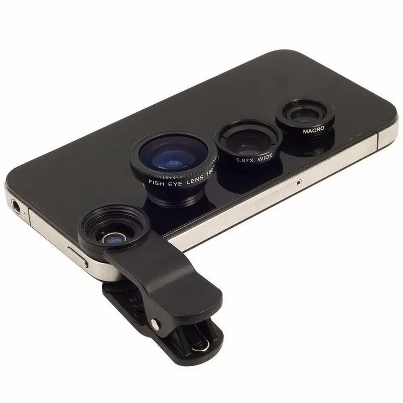 Three-in-one mobile phone lens kit with fish-eye, macro, and wide-angle lenses for professional-quality photography on the go