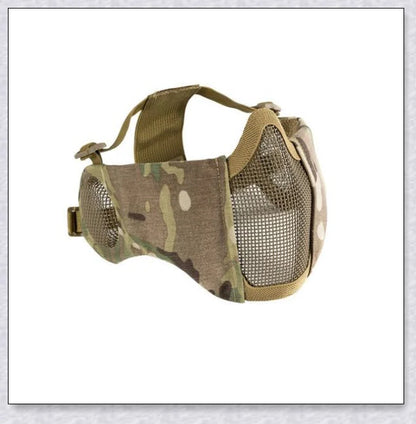 Tactical foldable mesh mask with ear protection, designed for airsoft enthusiasts with durable 1000D nylon construction and 800FPS impact resistance.