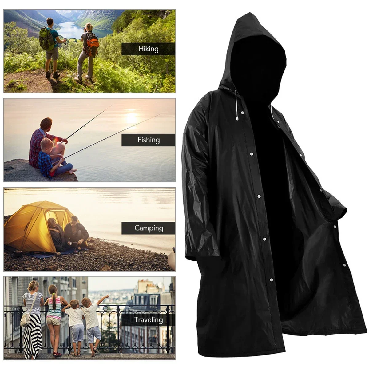 Waterproof hooded long rain jacket in black, designed for both men and women to provide all-weather protection during outdoor activities in New Zealand.