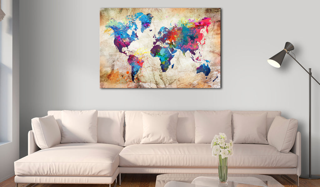 Vibrant world map canvas art with abstract, colorful design in various sizes