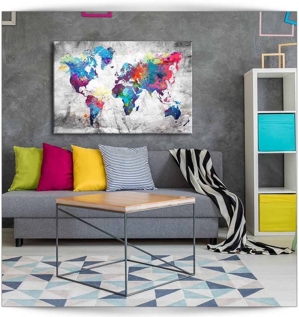 Vibrant world map canvas art with abstract, colorful design in various sizes