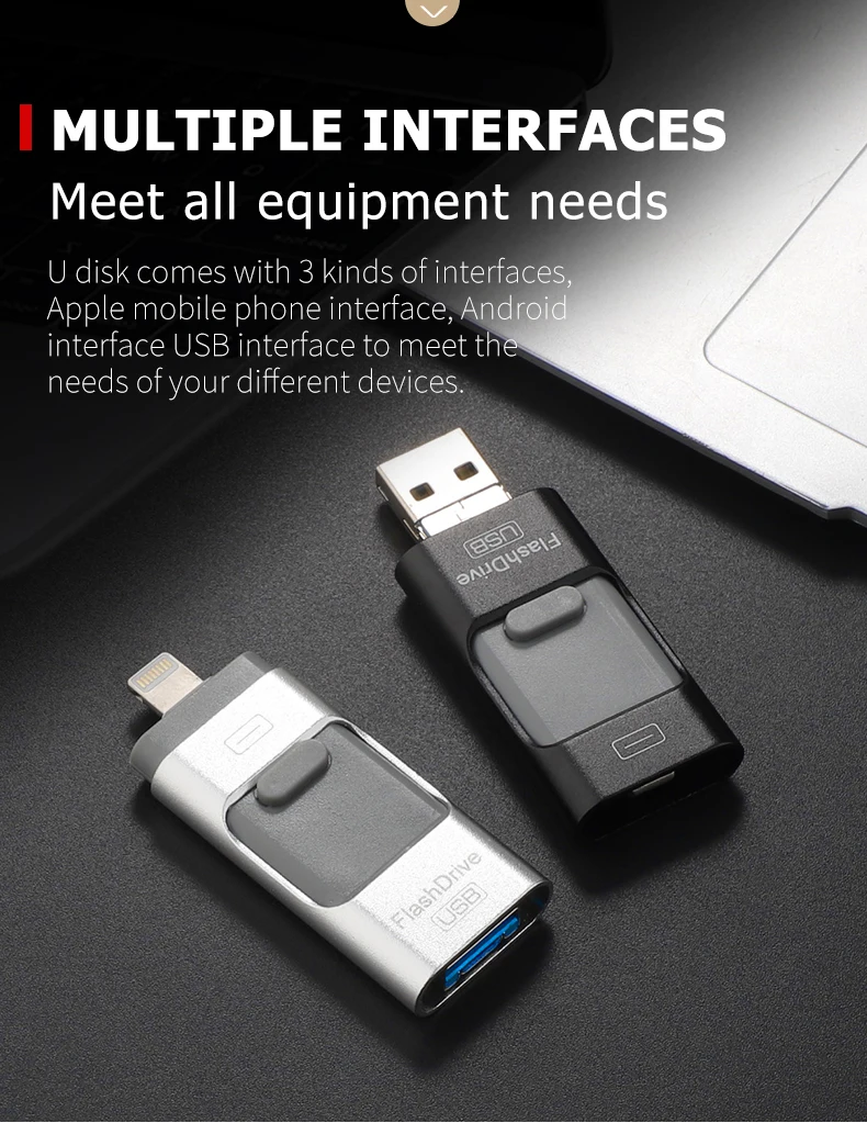 3-in-1 mobile-compatible USB memory stick in various colors and capacities for use with Android, Windows, and iOS devices