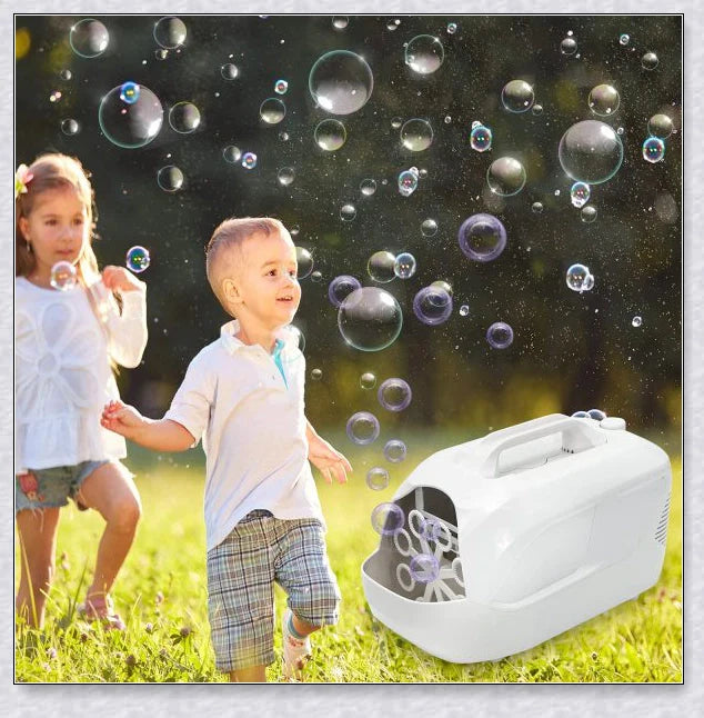 A white bubble machine blower with durable construction, perfect for birthday parties, weddings, and summer fun