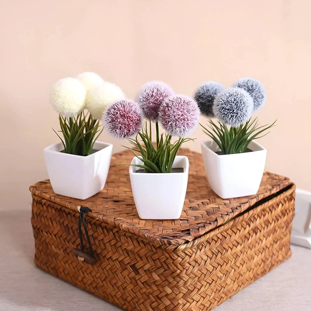 3 Artificial Hairy Ball Bonsai Plants in Pink, Grey, and White Colors for Home and Office Decor