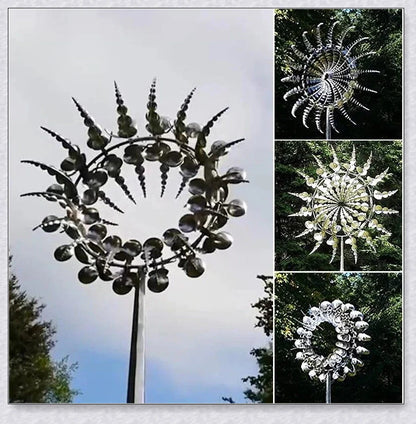 Wind-powered kinetic sculpture with dual-tier blades that spin independently, creating a mesmerizing dance in your backyard