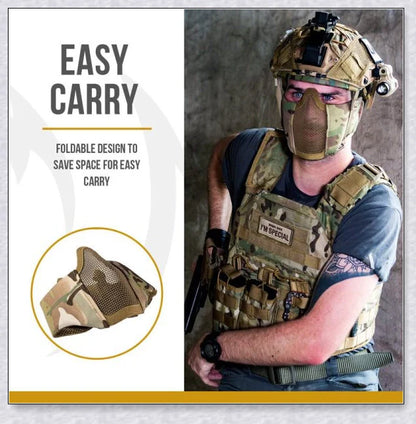 Tactical foldable mesh mask with ear protection, designed for airsoft enthusiasts with durable 1000D nylon construction and 800FPS impact resistance.