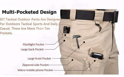 Tactical Multi-Pocket Cargo Pants with 10 pockets, reinforced knee and heel patches, and flexible, breathable fabric for outdoor adventures