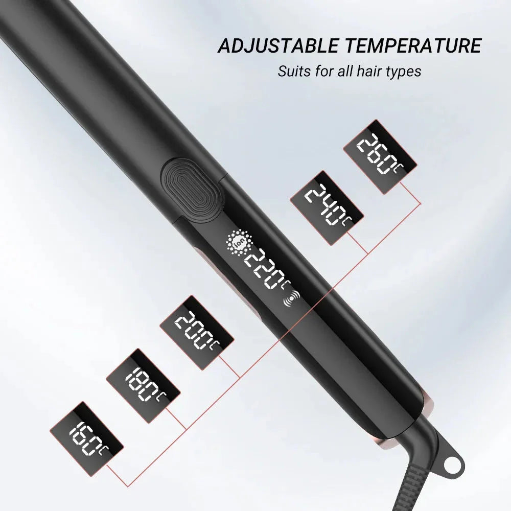 A professional 2-in-1 hair styling tool with straightening and curling capabilities, tourmaline ceramic plates, and vibration function for smooth, frizz-free results.