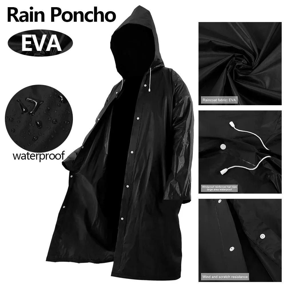 Waterproof hooded long rain jacket in black, designed for both men and women to provide all-weather protection during outdoor activities in New Zealand.