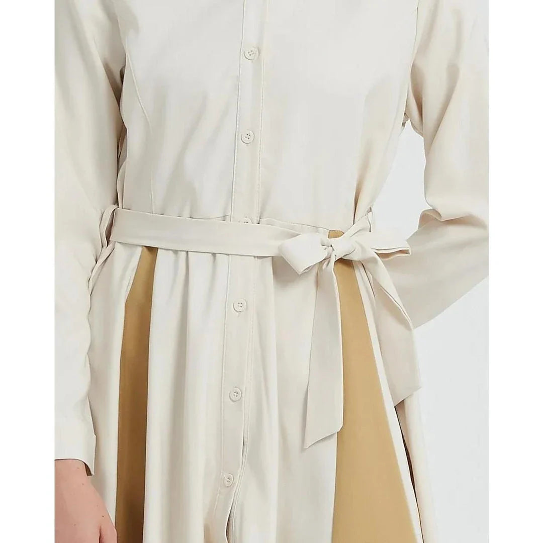 Elegant Beige A-line Long Sleeve Dress with Stylish Belt - Timeless Elegance for the Modern Kiwi Woman