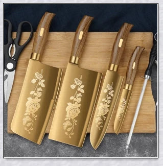 Titangold Designer Titanium Kitchen Knife Set with premium stainless steel blades, titanium coating, and ergonomic handles