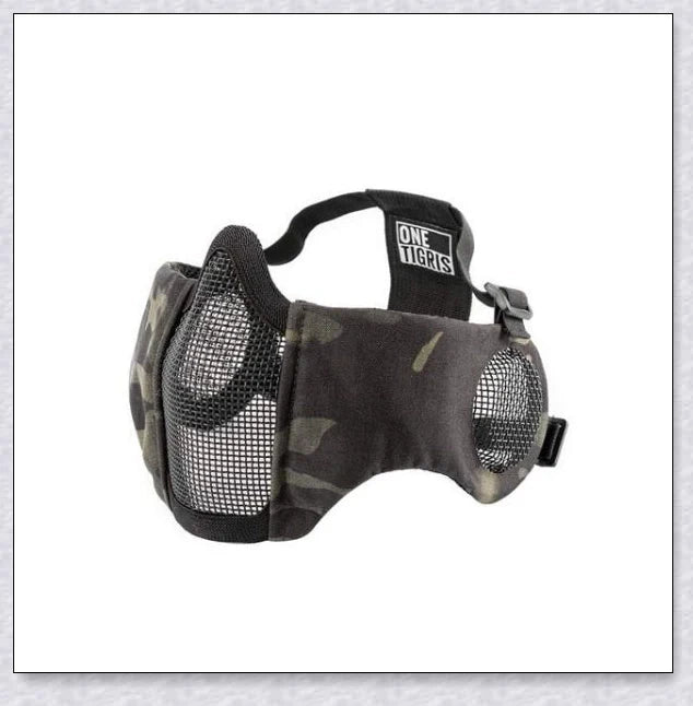 Tactical foldable mesh mask with ear protection, designed for airsoft enthusiasts with durable 1000D nylon construction and 800FPS impact resistance.