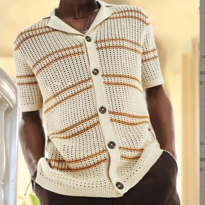 Lightweight acrylic knit cardigan with short sleeves, lapel collar, and classic khaki colour for versatile Kiwi style