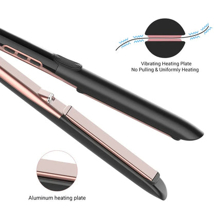 A professional 2-in-1 hair styling tool with straightening and curling capabilities, tourmaline ceramic plates, and vibration function for smooth, frizz-free results.