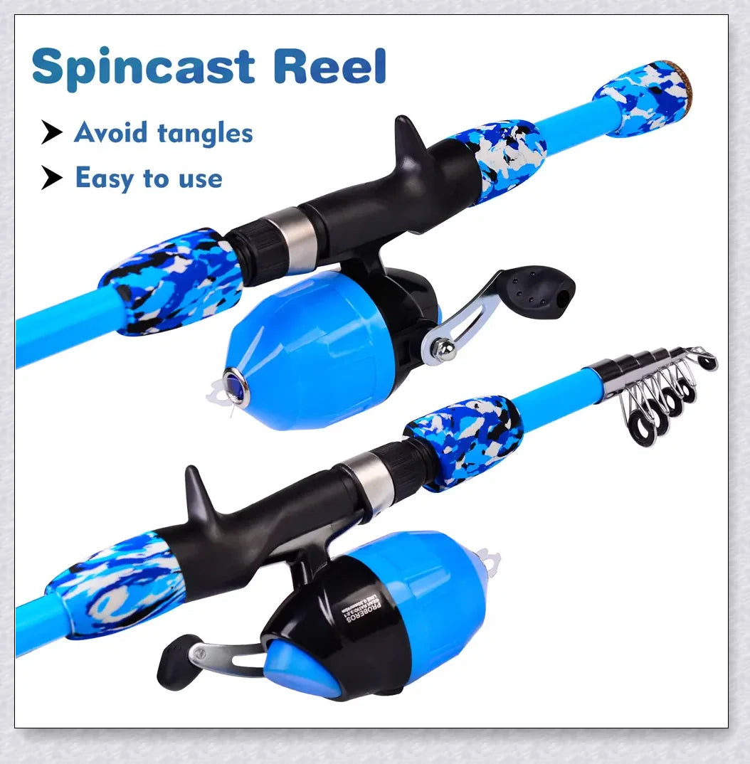 A high-quality fishing pole kit designed for kids, featuring a telescopic rod, spincast reel, and essential fishing accessories for outdoor adventures.