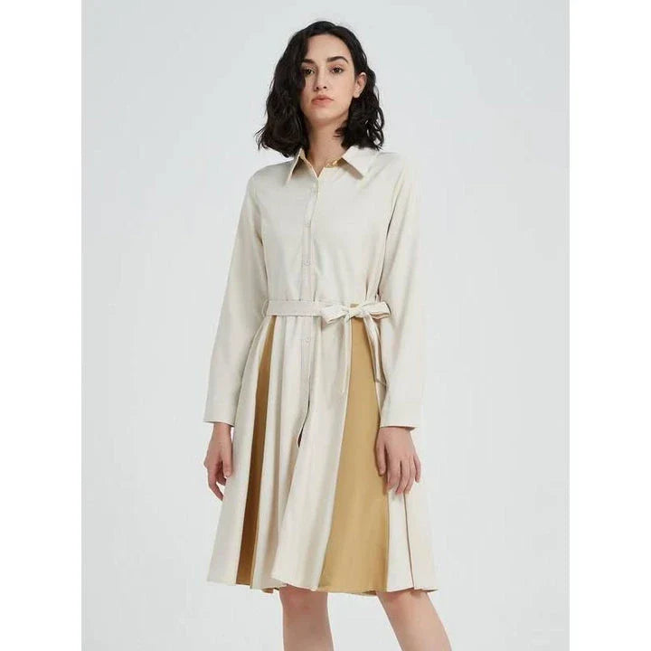 Elegant Beige A-line Long Sleeve Dress with Stylish Belt - Timeless Elegance for the Modern Kiwi Woman