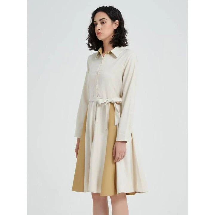 Elegant Beige A-line Long Sleeve Dress with Stylish Belt - Timeless Elegance for the Modern Kiwi Woman