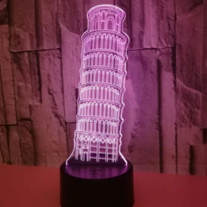 A 3D nightlight displaying the Leaning Tower of Pisa, with adjustable color and brightness settings for a captivating ambient lighting experience.