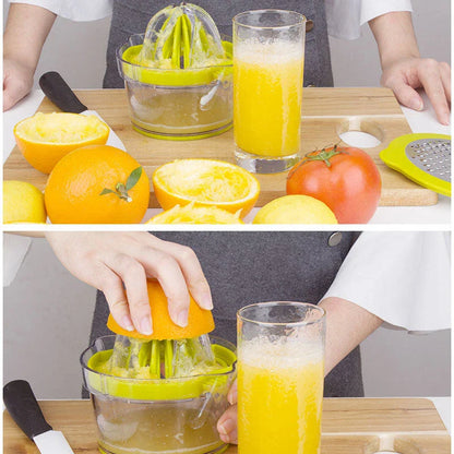 4-in-1 Manual Citrus Juicer with Built-in Measuring Cup and Egg Separator for Juicing, Grating, and Egg Separating