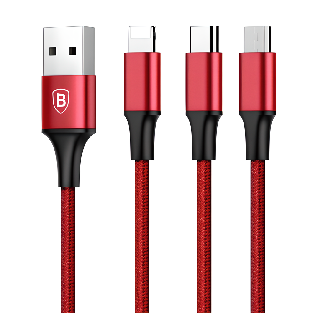 3-in-1 Super Fast Charge Cable with USB, Type-C, and Lightning connectors for charging multiple devices simultaneously