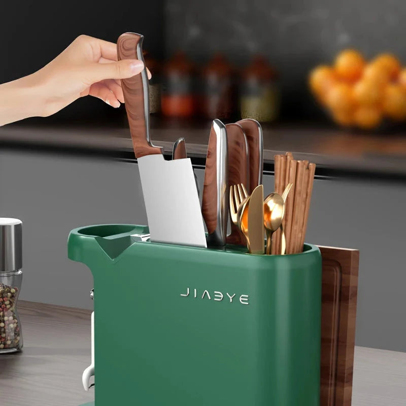 Versatile kitchen organiser with compartments for knives, chopsticks, cutting boards and pot lids