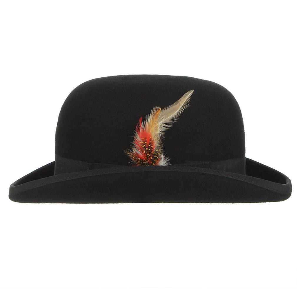 A stylish wool bowler hat with a domed crown and subtle feather trim, a classic British-inspired accessory for keeping warm and looking great in Kiwi winters.