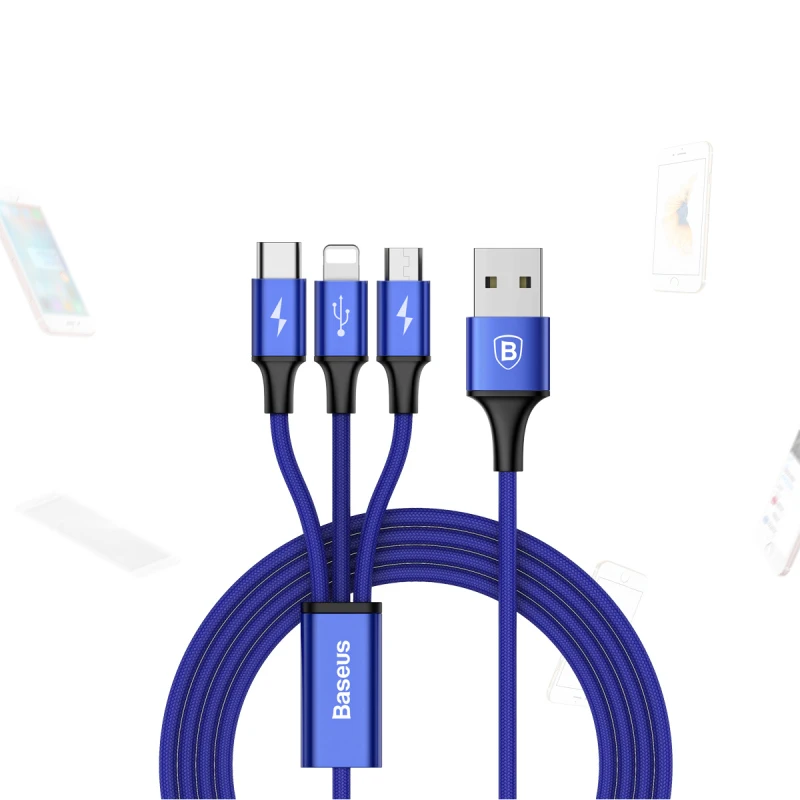 3-in-1 Super Fast Charge Cable with USB, Type-C, and Lightning connectors for charging multiple devices simultaneously