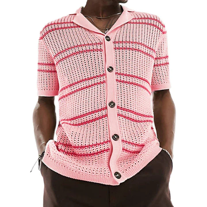 Lightweight acrylic knit cardigan with short sleeves, lapel collar, and classic khaki colour for versatile Kiwi style