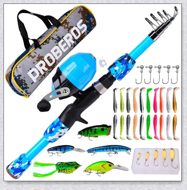 A high-quality fishing pole kit designed for kids, featuring a telescopic rod, spincast reel, and essential fishing accessories for outdoor adventures.