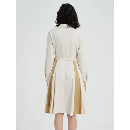 Elegant Beige A-line Long Sleeve Dress with Stylish Belt - Timeless Elegance for the Modern Kiwi Woman