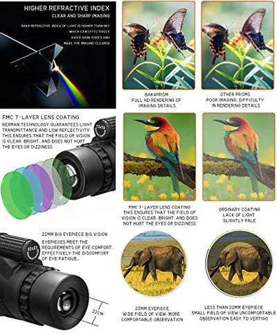 A high-powered 1000X zoom monocular with a 52mm objective lens, waterproof and shockproof design, perfect for outdoor activities like birdwatching, hunting, and hiking.